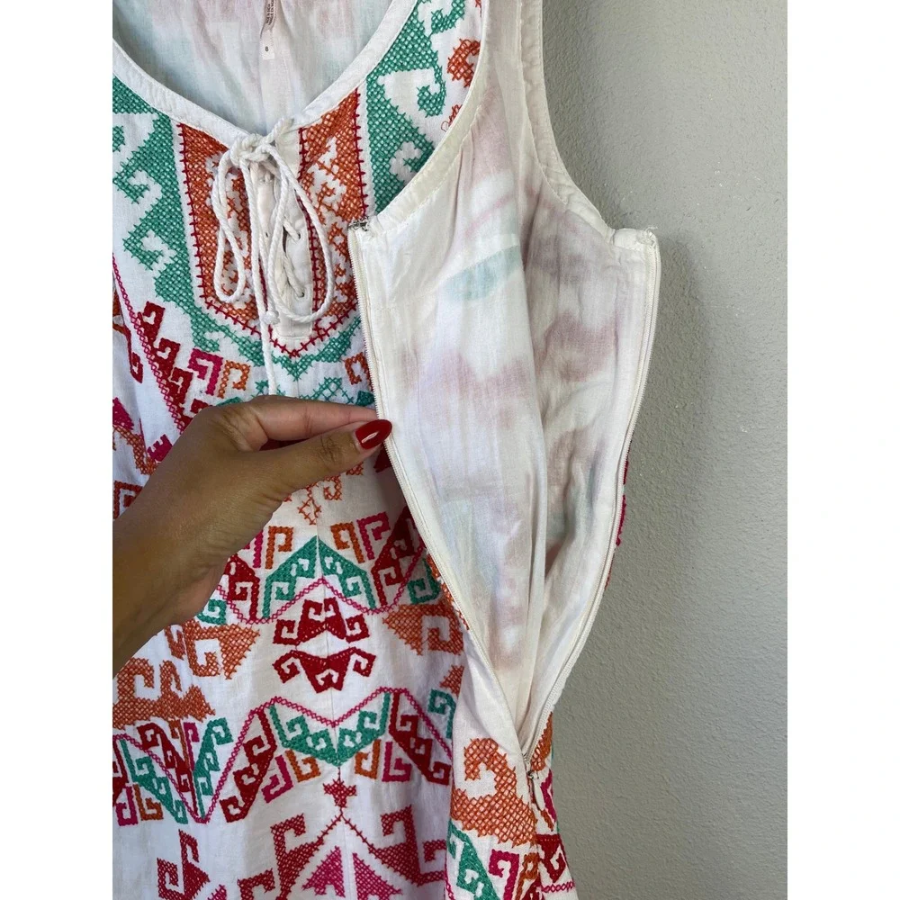 Free People Mini Dress White Embroidered Linen Blend Lace Up Sleeveless 8